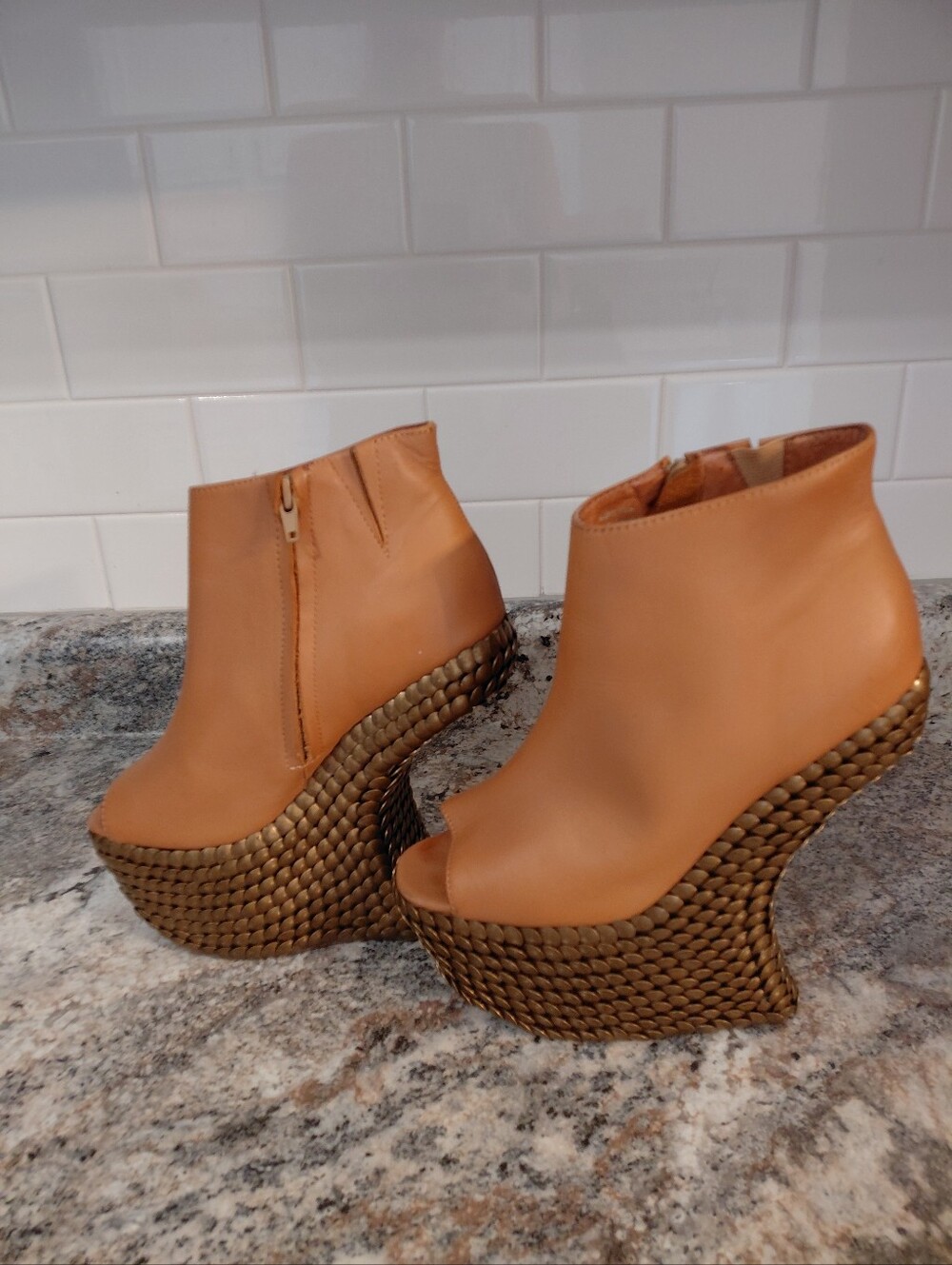 Jeffrey Campbell Tan Night Tick Leather Wedge Studded Heel Shoes